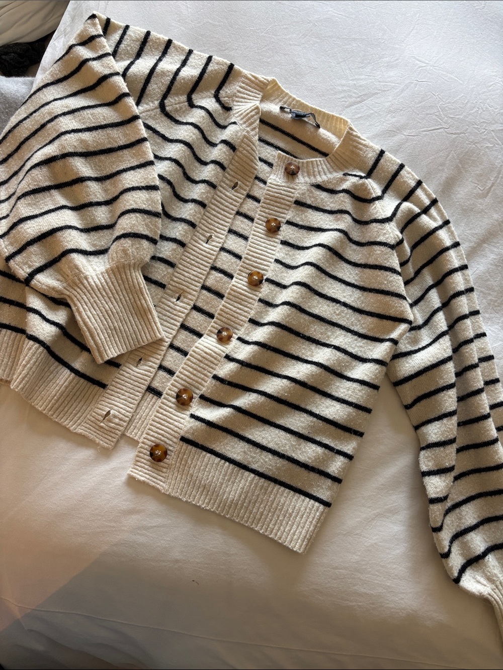 French Connection Cream and Black Striped Button Cardigan